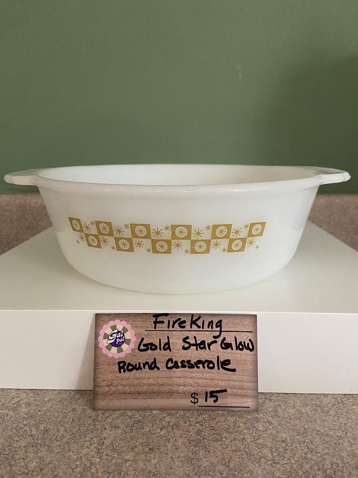 FIRE KING GOLD STAR GLOW ROUND CASSEROLE