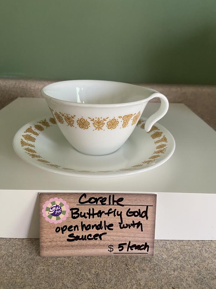 CORELLE BUTTERFLY GOLD OPEN HANDLE TEACUP WITH SAUCER