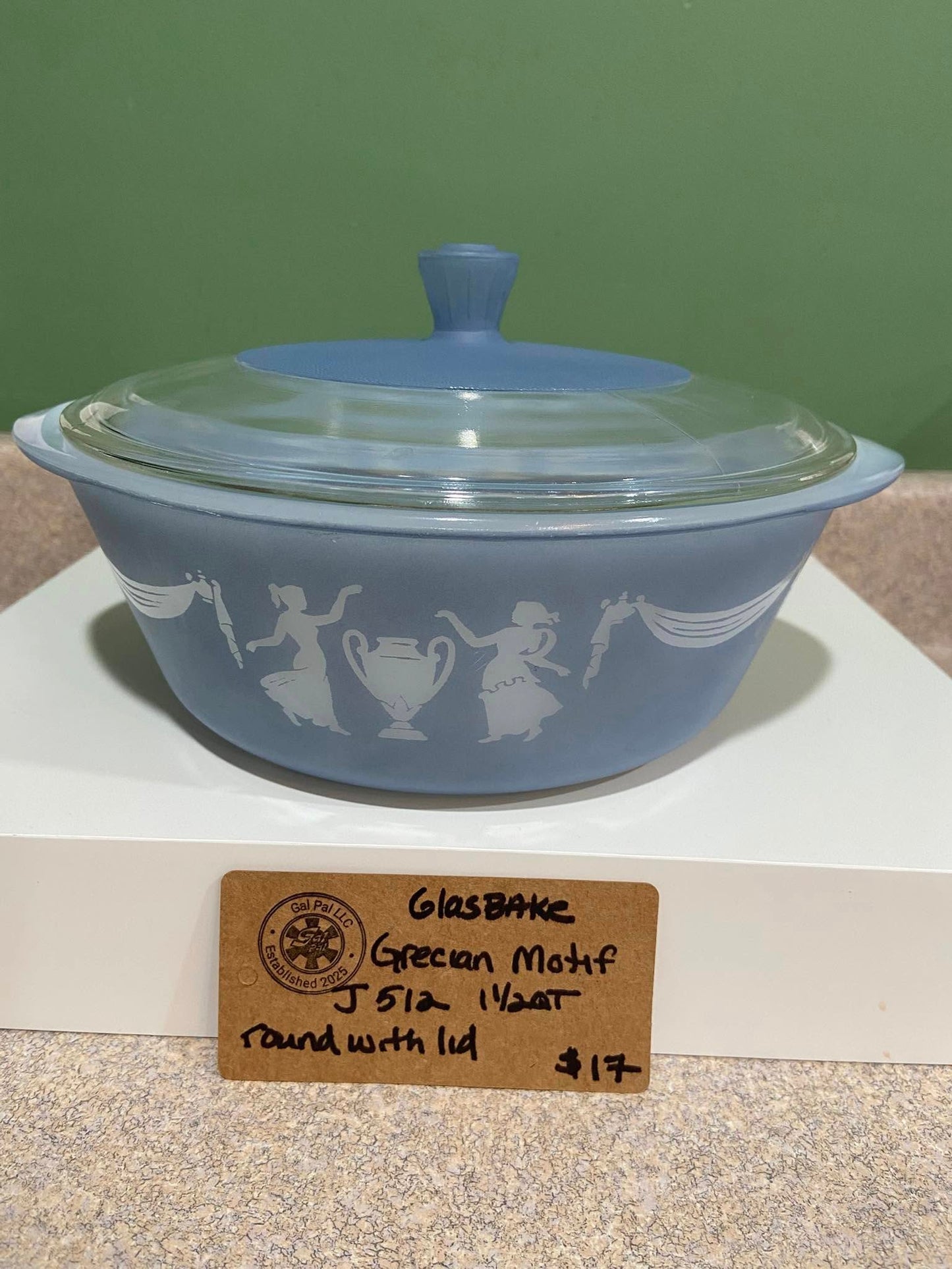 GLASBAKE GRECIAN MOTIF J-512 1.5QT ROUND WITH LID