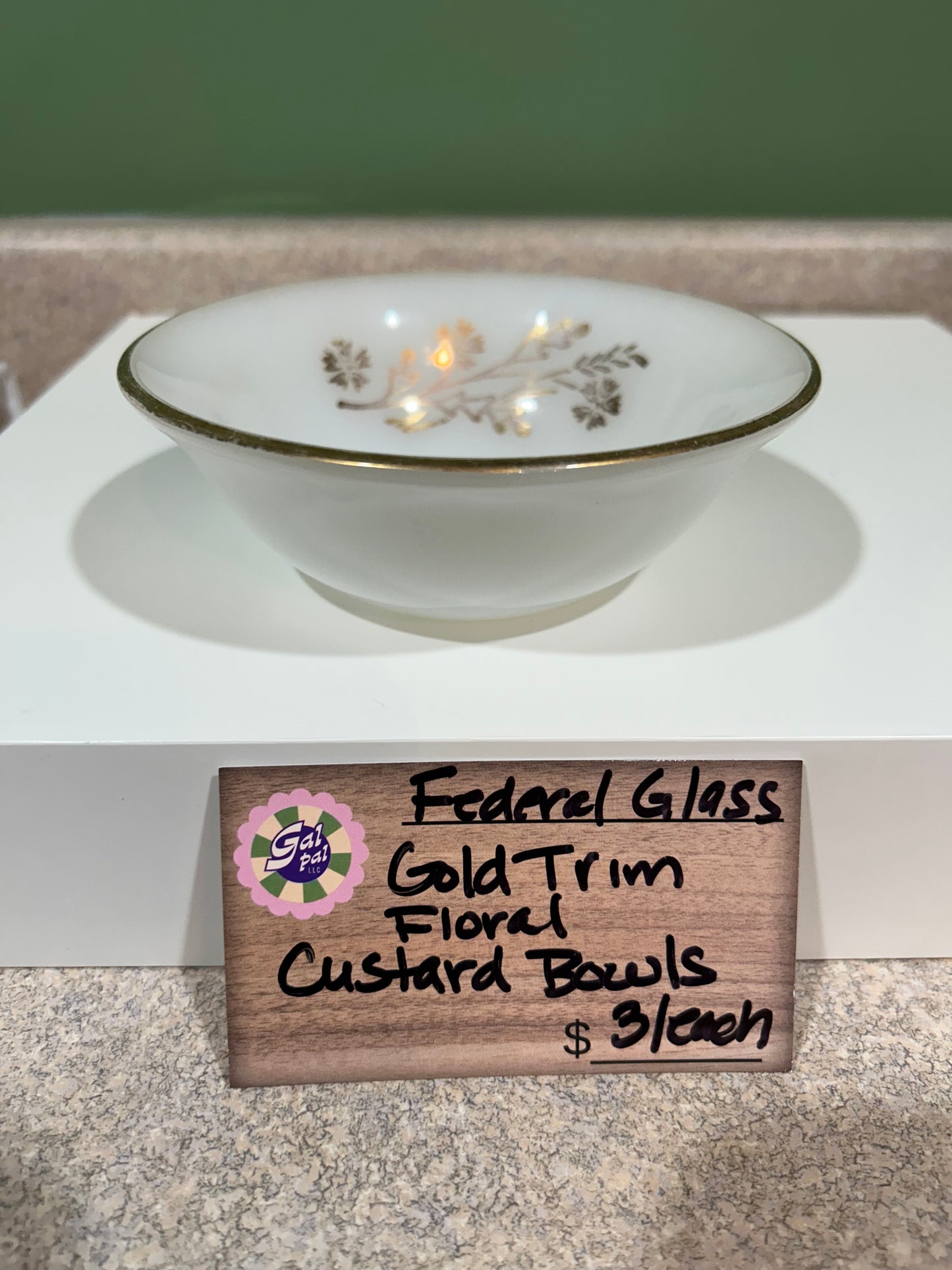 FEDERAL GLASS GOLD TRIM FLORAL CUSTARD BOWLS