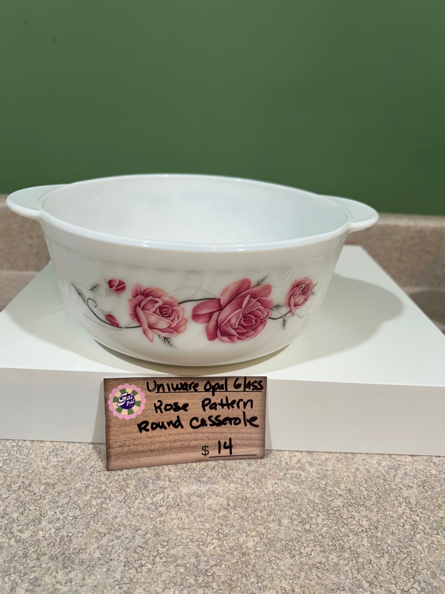 UNIWARE OPAL GLASS ROSE PATTERN ROUND CASSEROLE