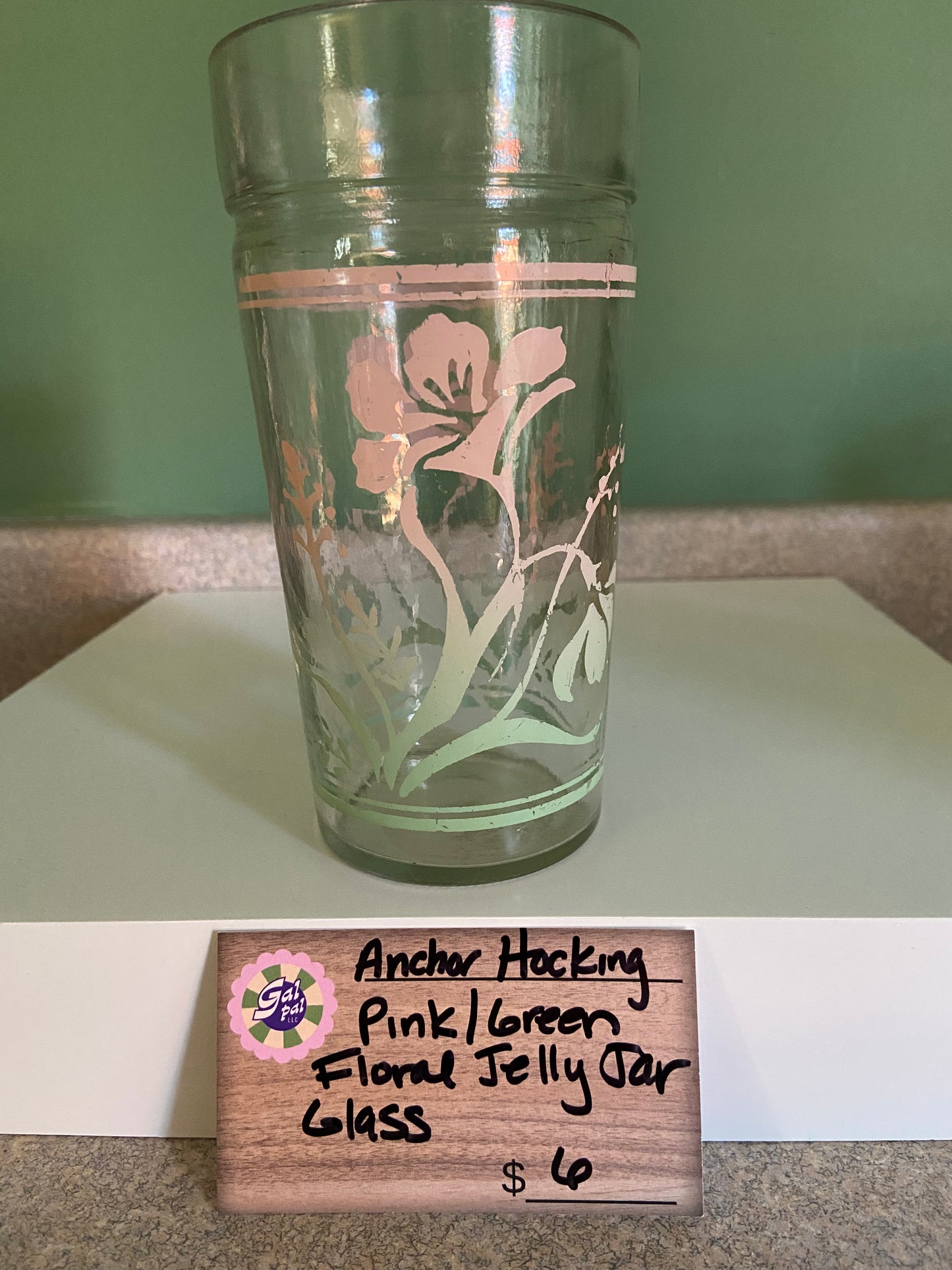 ANCHOR HOCKING PINK/GREEN FLORAL JELLY JAR GLASS