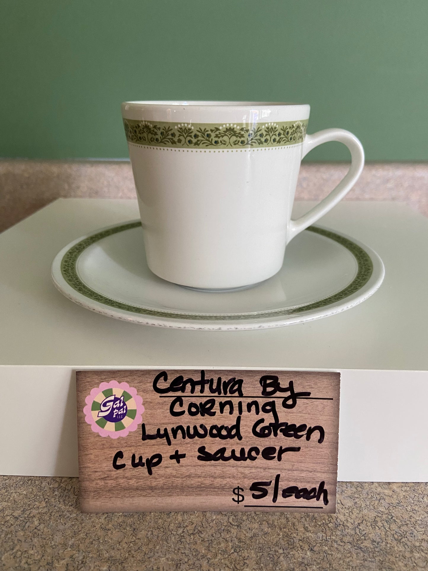 CENTURA BY CORNING LYNWOOD GREEN CUP AND SAUCER