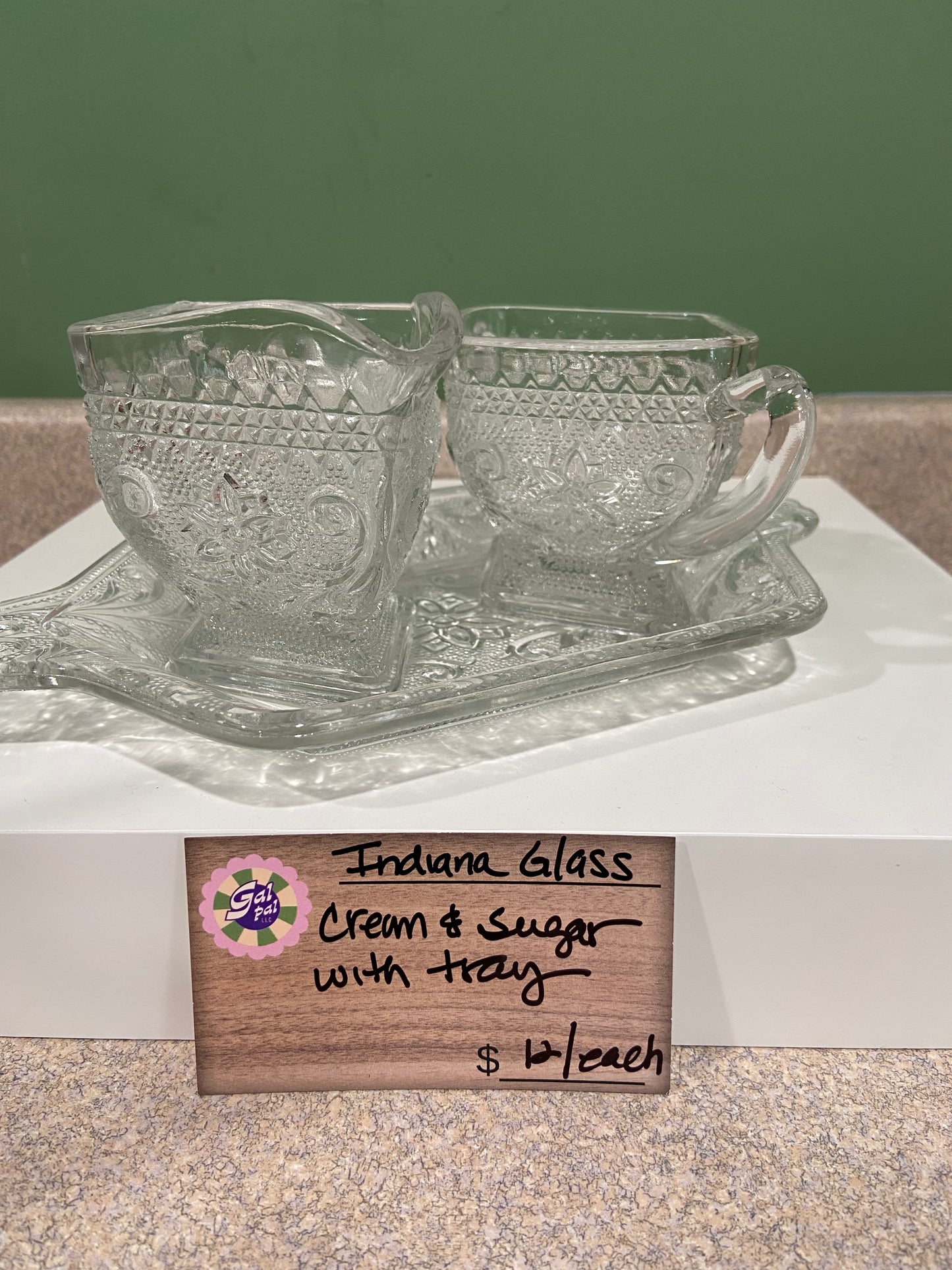 INDIANA GLASS CREAM AND SUGAR WITH TRAY