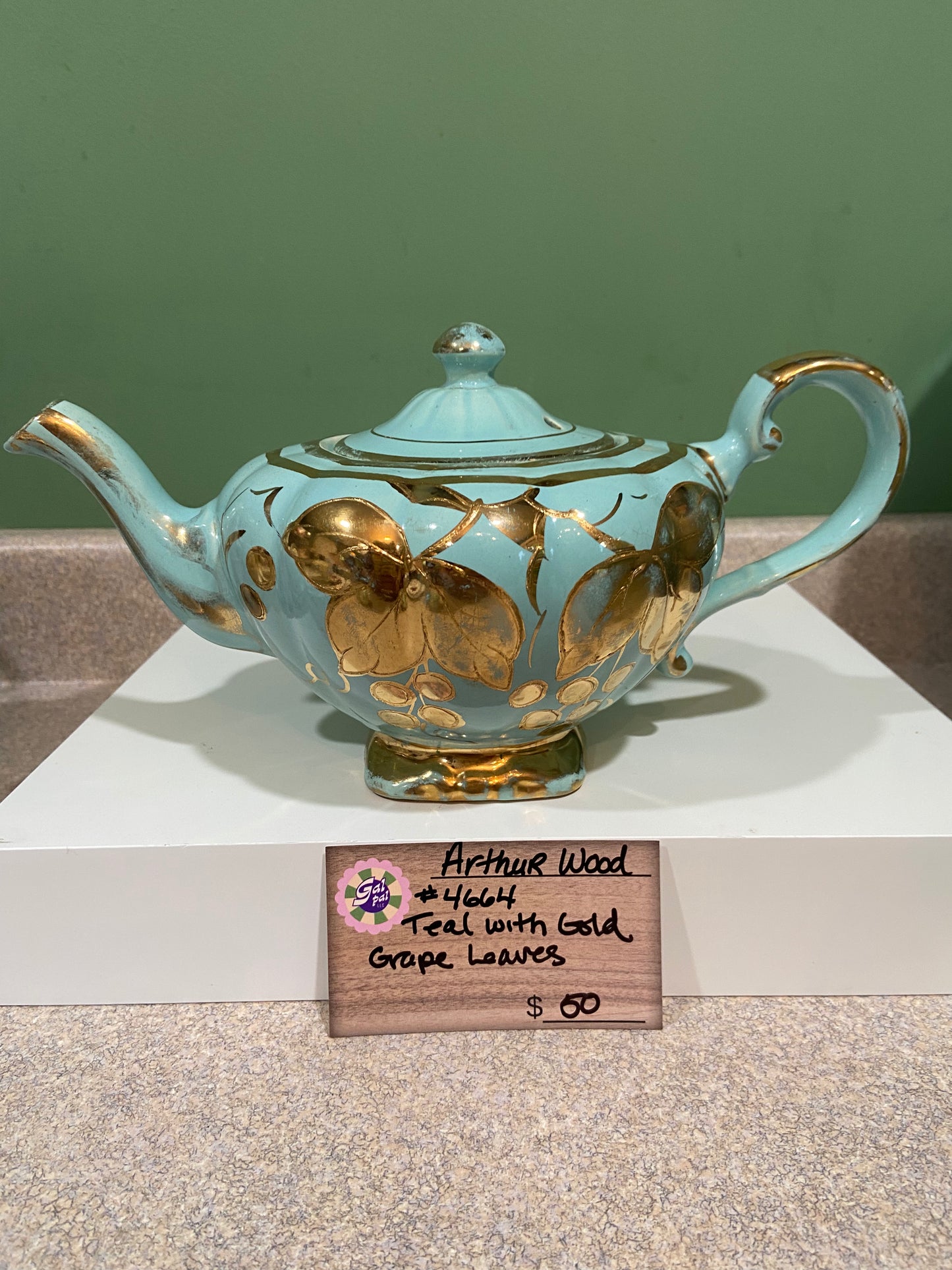 ARTHUR WOOD #4664 TEAPOT-TEAL WITH GOLD GRAPE LEAVES