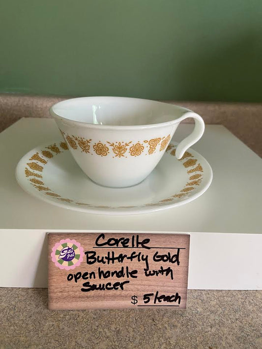 CORELLE BUTTERFLY GOLD OPEN HANDLE TEACUP WITH SAUCER