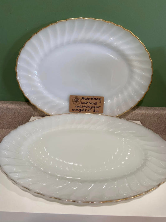 ANCHOR HOCKING OVAL SERVING PLATTER WHITE SWIRL WITH GOLD RIM