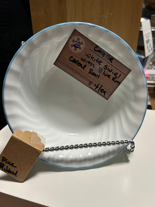 CORELLE WHITE SWIRL WITH BLUE RIM CEREAL BOWL
